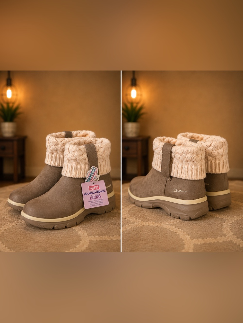 NWT Skechers Relaxed Fit Sweater Cuff Ankle Boots Taupe Size 9